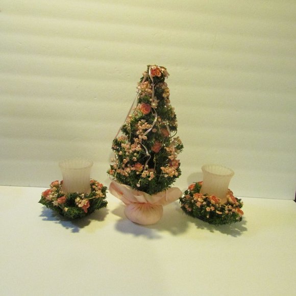 vtg Victorian Christmas ornaments with pink rose Xmas tree with 2 candle holder - Picture 4 of 9